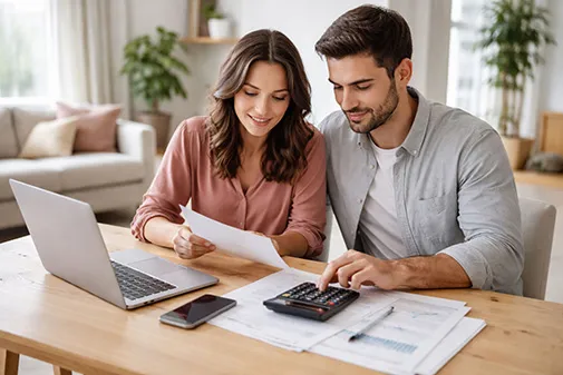 Down payment calculator for FHA and Conventional loans being reviewed by a couple in their Long Island, NY living room.