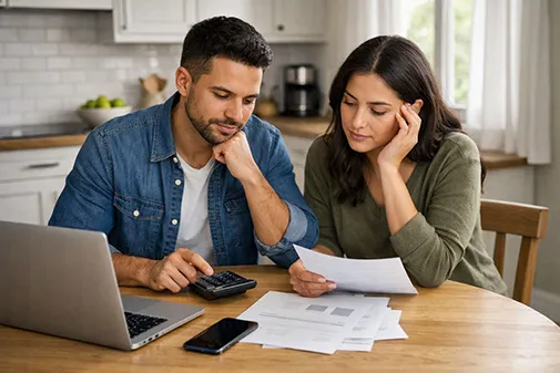 How much house can I afford calculator being used by a couple on Long Island, NY, to determine their home-buying budget on a laptop.