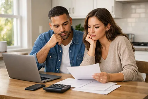 Mortgage calculators for NY & PA accessed on a laptop by a smiling couple in Long Island, planning their financial future with Artisan Mortgage.