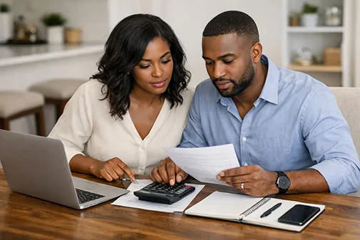 Mortgage payment calculator for NY and PA displayed on a laptop as a homeowner reviews total monthly costs, including taxes and insurance.