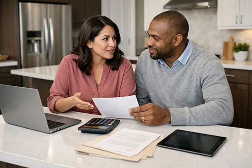 Mortgage payoff calculator used by a couple at a desk to see the financial impact of paying additional principal on Long Island, NY.