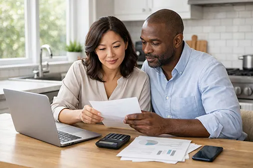 Refinance calculator used by Pennsylvania homeowners on a laptop to analyze interest savings and breakeven points for a mortgage.