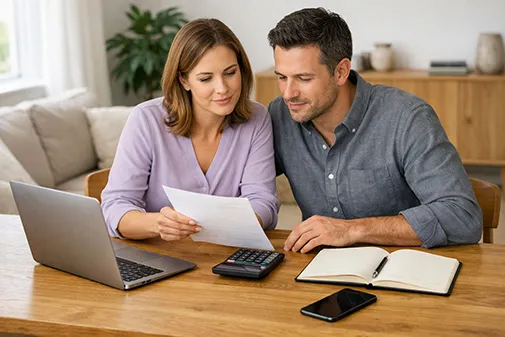 Rent vs buy calculator shown on a laptop screen as a couple compares long-term wealth benefits in the NY and PA markets.