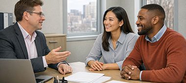 Mortgage loan specialist explaining Non-QM asset depletion home financing options in NY & PA to a couple during a consultation.