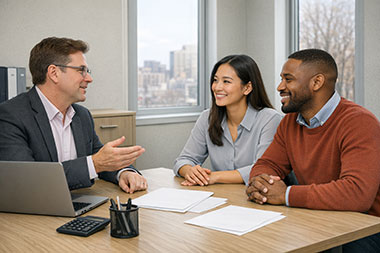 Mortgage loan specialist explaining Non-QM asset depletion home financing options in NY & PA to a couple during a consultation.